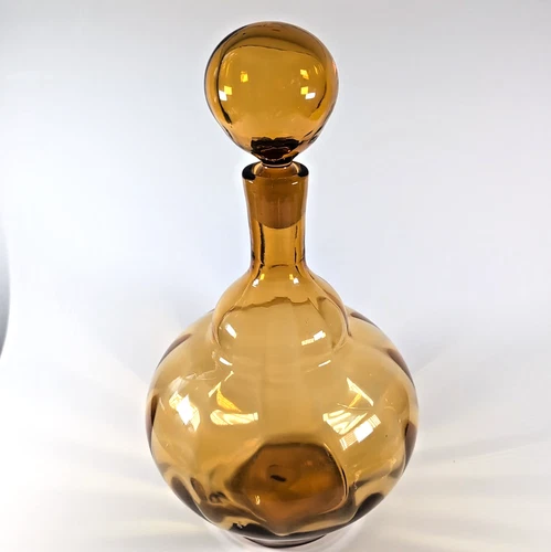 VTG 60's Blenko 6935 Art Glass Decanter Bottle & Ball Stopper Ribbed Amber Wheat