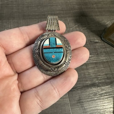 Vintage R Tolino Silver With Turquoise Pendant Western Native
