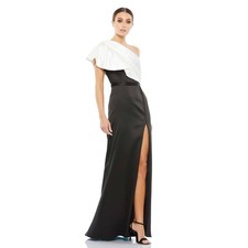 New Mac Duggal Black White Satin Two Tone One Shoulder Slit Formal Gown Size 0