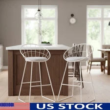 Modern White Bar Stool Set of 2 Nordic Wired Back Stools Indoor Kitchen Seating