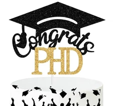 Congrats PHD Cake Topper Gold Black Glitter Class of 2025 Graduation Decor