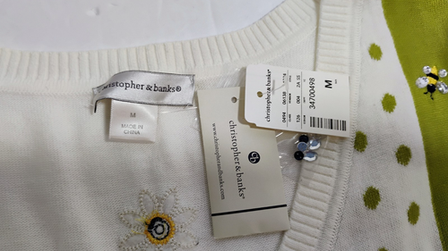 NUEVO CON ETIQUETAS Christopher & Banks Cárdigan Suéter Mujer Talla M Blanco Verde Amarillo ABEJAS - Imagen 3 de 9