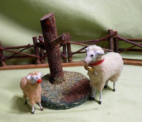 Germany  3 " Tall Wooly Sheep and Baby  with a Putz  Tree Trunk - Stick Legs - Picture 1 of 4