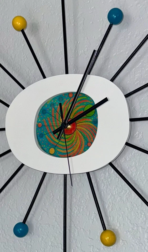 STARBURST CLOCK Mid Century Modern Handmade & Painted Wall art clock Large 23” - Image 2 of 2