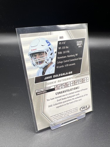 2019 Sage Hit Premier Draft schwarz Jake Dolegala #A60 Rookie Auto - Bild 2 von 2