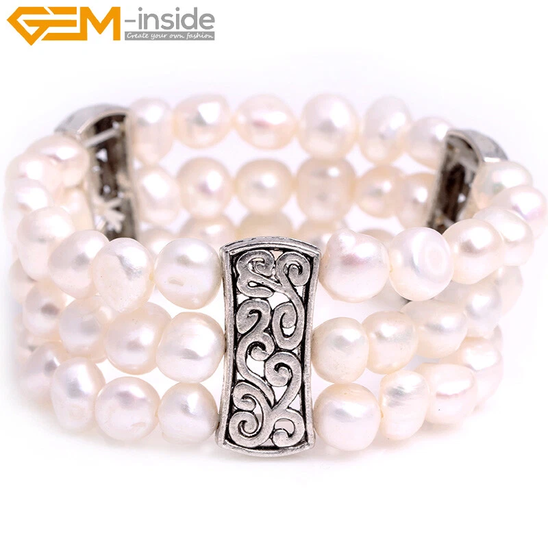 弹性天然白色淡水珍珠串珠珠宝手链手镯 7 英寸礼物 — 第 2/4 张图片