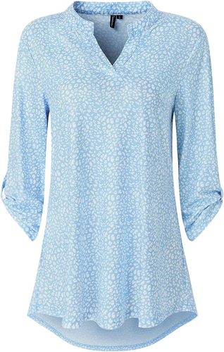 Womens Floral Printed Tunic Shirts 3/4 Roll Sleeve Notch Neck Tunic Top
