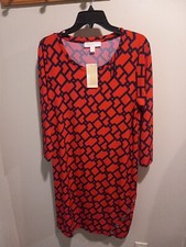 Michael Kors Shift Dress Red Navy Blue Geometric Large Long Sleeve Workwear NWT 