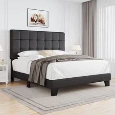 Queen Size Upholstered Panel Bed Frame for Box Spring, Grey Fabric