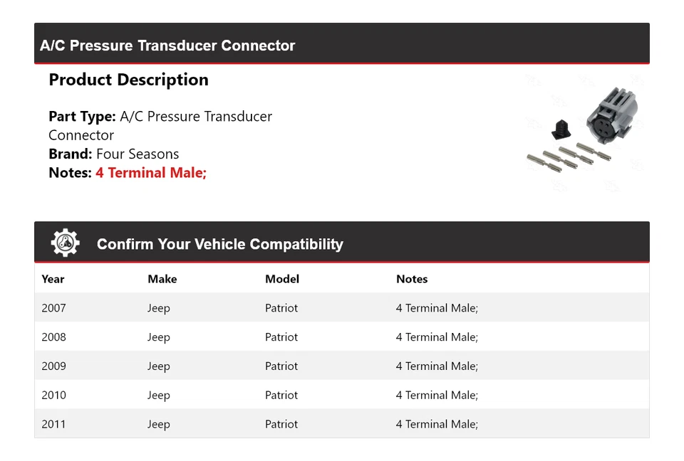 Conector transdutor de pressão A/C Jeep Patriot 2007-2011 4 estações 2008 2009 - Imagem 2 de 4