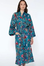 Indian Teal Blue Bird Cotton Long Kimono Sleepwear Night Suit Kimono Bath Robes