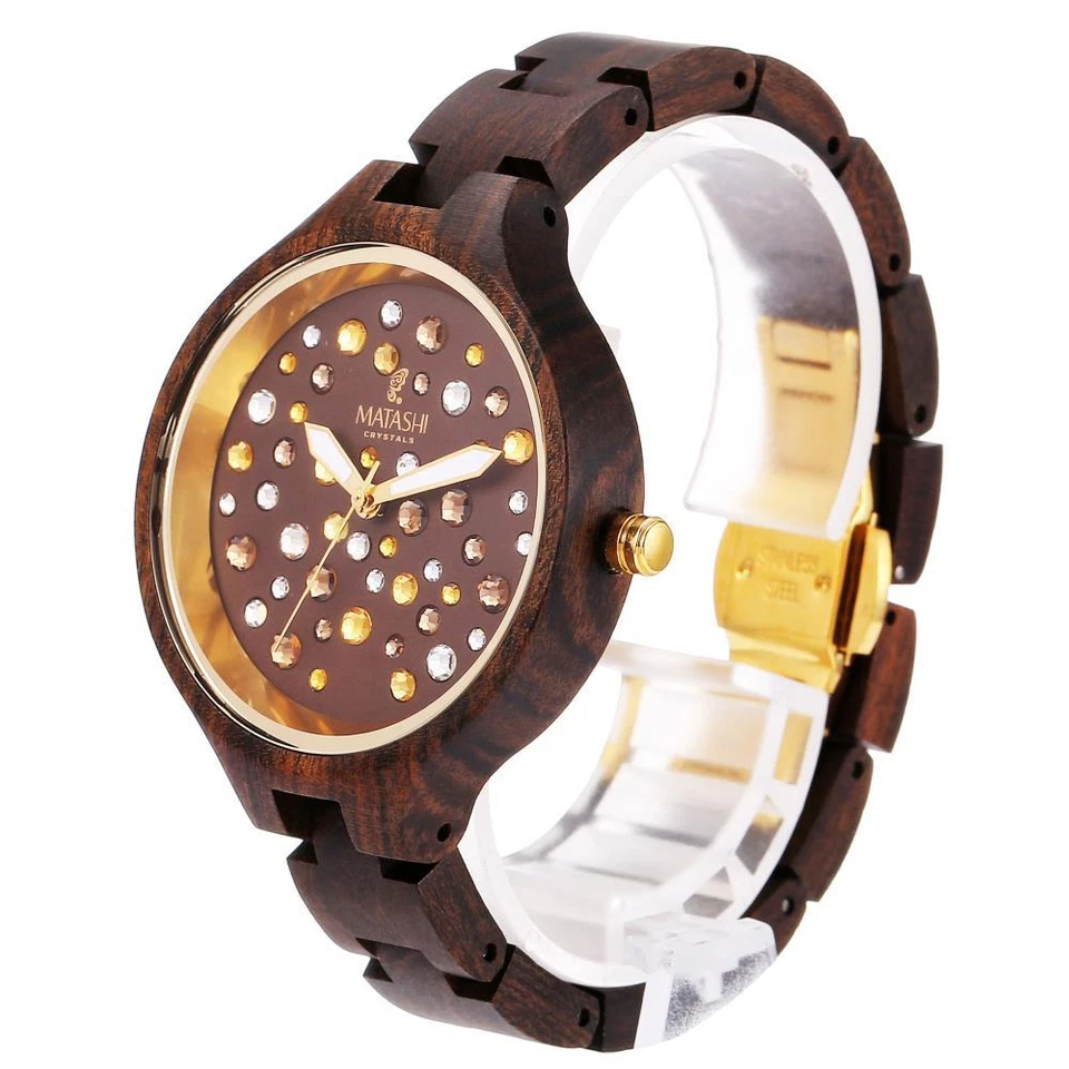 Matashi Womens Brown Salwood Watch W/ Crystals, Gold Bezel, Business Casual 1ATM - Image 4 of 4