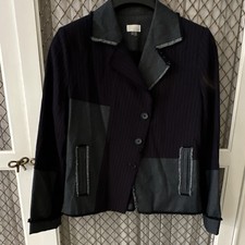 Women's Mixed Media Blazer; Pockets; Gray And Blue Pinstripe