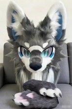 Fursuit Long haired Dog Fox Mascot Party Halloween Fur Cosplay head claws 