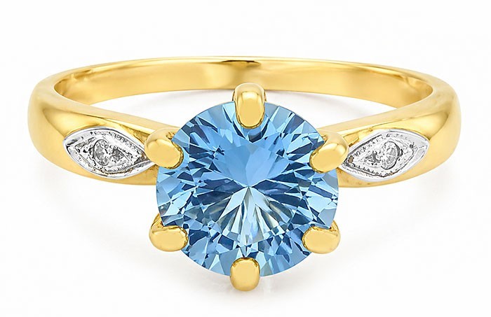 LAB CREATED 2.85 AQUAMARINE & DIAMOND RING 14K YELLOW GOLD PLATED (.925) - NWT