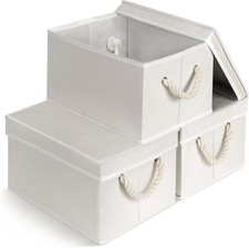 Set of 3 Fabric Bins Organization Foldable Stackable W/ Lid Rope Handles