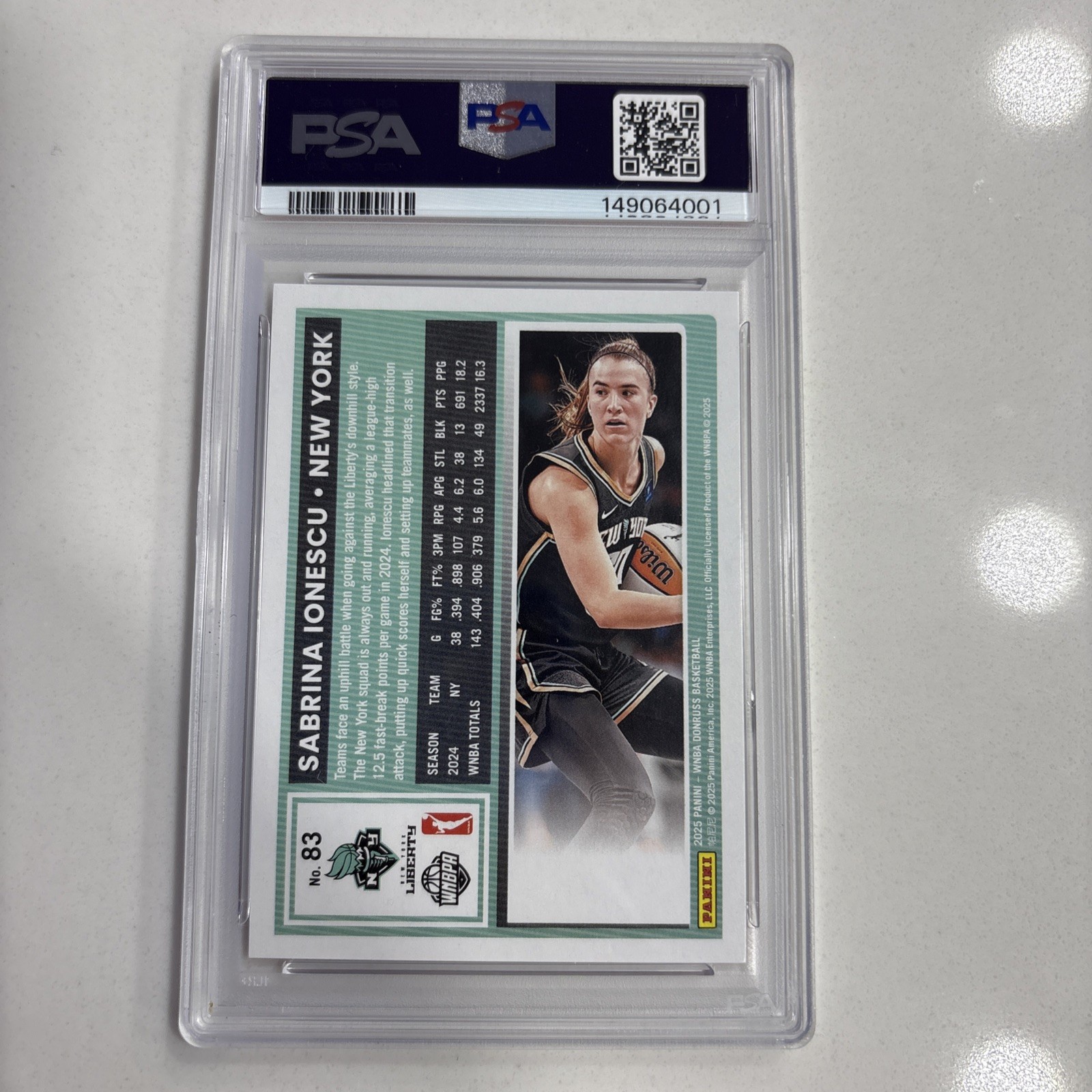 2025 Panini Donruss WNBA Sabrina Ionescu #83 Pink Shimmer 08/25 psa 10 view 2