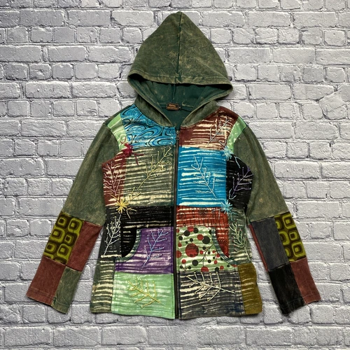 VETEMENTS Felpa con cappuccio patchwork Rising International taglia S verde ricamata floreale boho fata