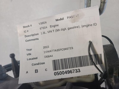 Used Engine Complete Assembly fits: 2015 Volkswagen Passat 1.8L VIN T 5th digit