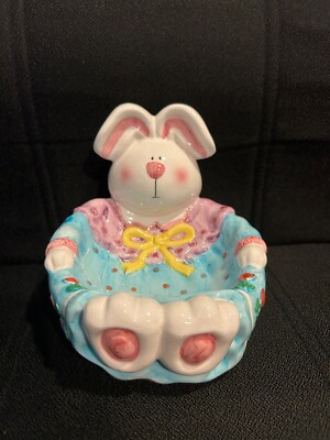 CERAMIC EASTER BUNNY CANDY DISH CENTERPIECE 5.5'' x 7''