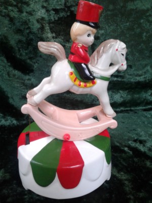 Ceramic Figurine Mechanical Music Box Boy on Horse   8'' WORKS!