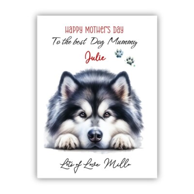 Personalisierte Muttertagskarte Alaskan Malamute Hund.  Muttertagskarte vom Hund