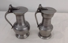 2 Universal Pewter Mini Lidded Pitchers Two Different Designs 3" Tall