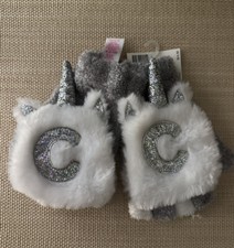 Girls Justice plush unicorn silver glove set personalized "C" one size New