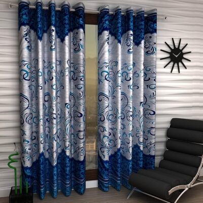2 Pieces Blue Classic Panel Polyester Door Curtains 5 7 9 Feet