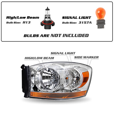 Pair Of Headlight Assemblies For 2006-2009 Dodge Ram 1500/2500/3500 - Chrome Bezel, Halogen 8 thumbnail image