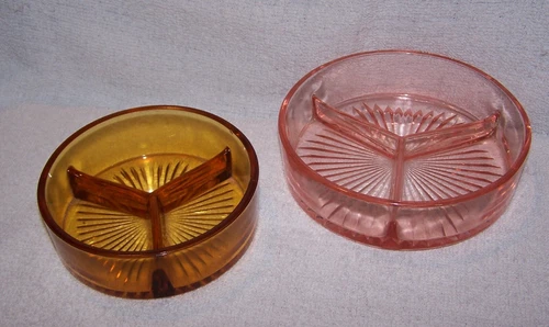 Vintage Amber and Pink Depression Glass Divided Relish / Nut Dishes Lot of 2
