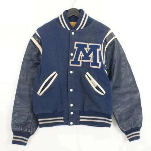 Arm Leather Wool Stadium Jumper 60s Vintage Jacket Blue Men's Outerwear