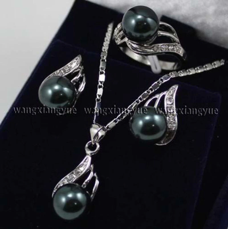 Conjunto de aretes y collar colgante de perlas concha negra del mar del sur AAA+ grado superior Foto 3 de 3