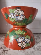 Pair of Vintage Porcelain Lotus Oriental Hand painted Pasta / Rice Bowls Orange