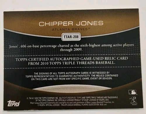 2010 Topps Triple Threads Game Used Relic 4/9 Chipper Jones Signed Braves Auto - Picture 8 of 10