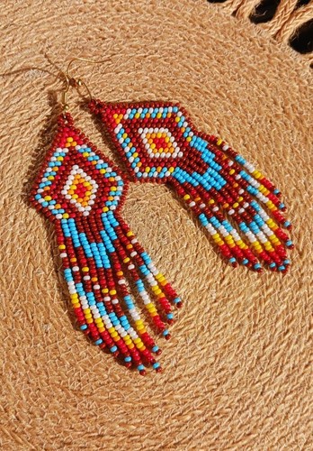 Native American Handmade Beaded Earrings Multicolor Dangle Drop Earrings for Her - Picture 7 of 9