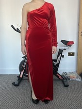 Women Dress Size 10 Red L:122 Cm One Shoulder One Long Sleeve