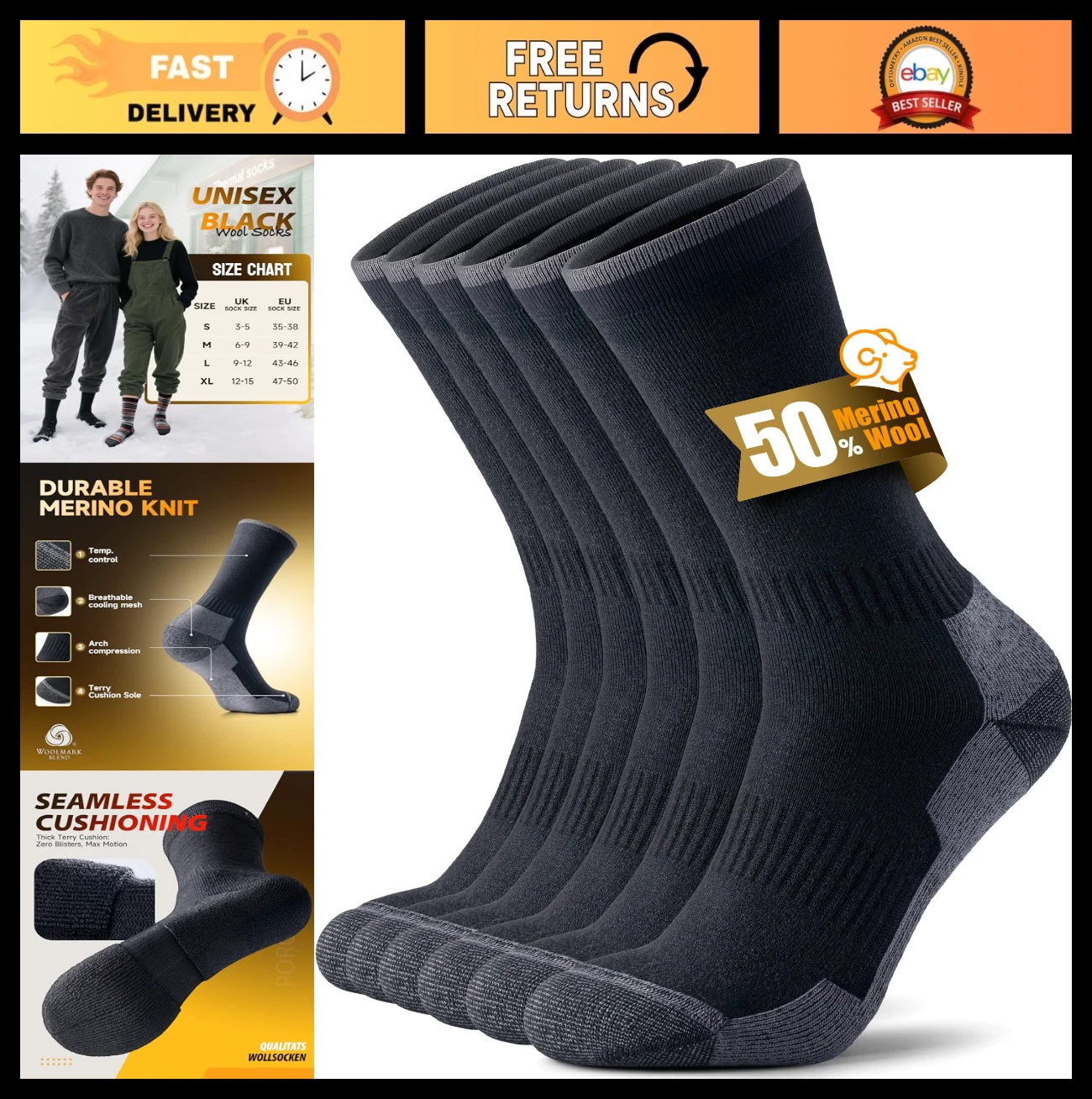 Merino Wool Hiking Socks - Seamless Toe, Terry Cushioned, 3 Pairs, OEKO-TEX Cert