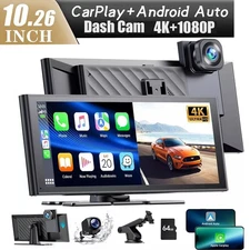 10.26"Car Stereo Portable Wireless Apple CarPlay Android Auto 4K+1080P Dash Cam