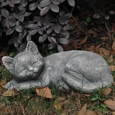 GENUINQ Garden Sleeping Cat Memorial Stone Grave Marker Remembrance Gray