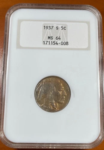 1937-S Buffalo Nickel NGC MS64 • Old Rattler Holder / Toned