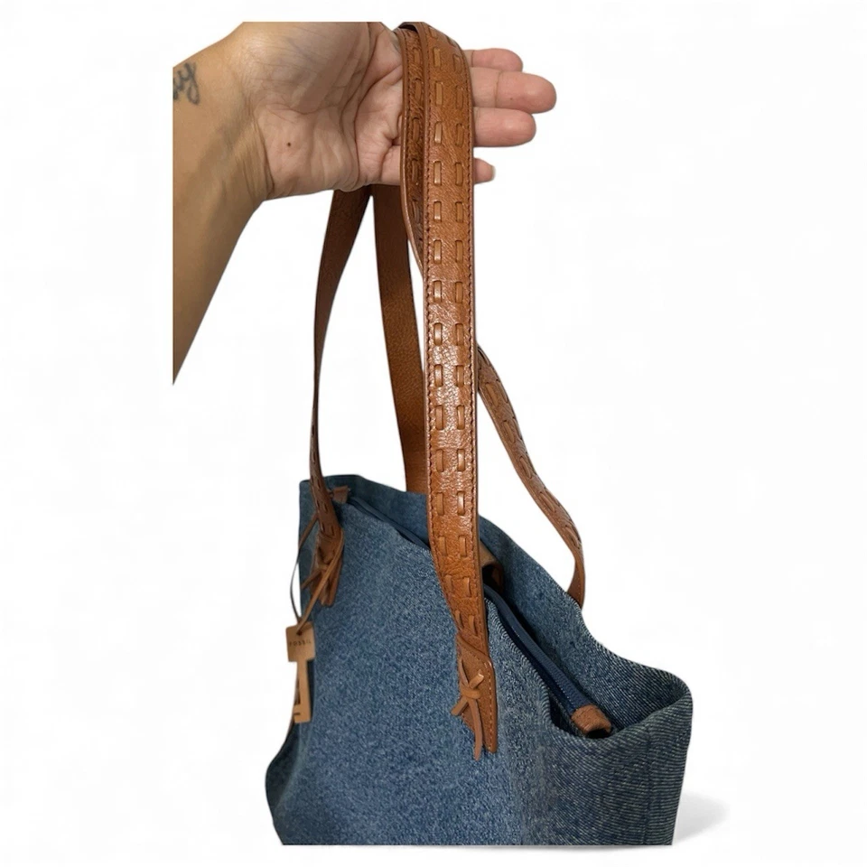 De Colección Fossil Cartera Bolso Cartera Lona Azul Denim Marrón Cuero Asa Superior 14" Foto 3 de 4