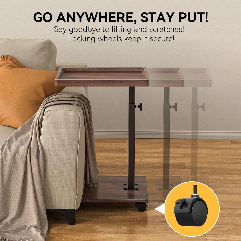 C Table End Table, TV Tray Couch Tables with Wheels, 360° Swivel, Adjustable Hei - Image 4 of 4