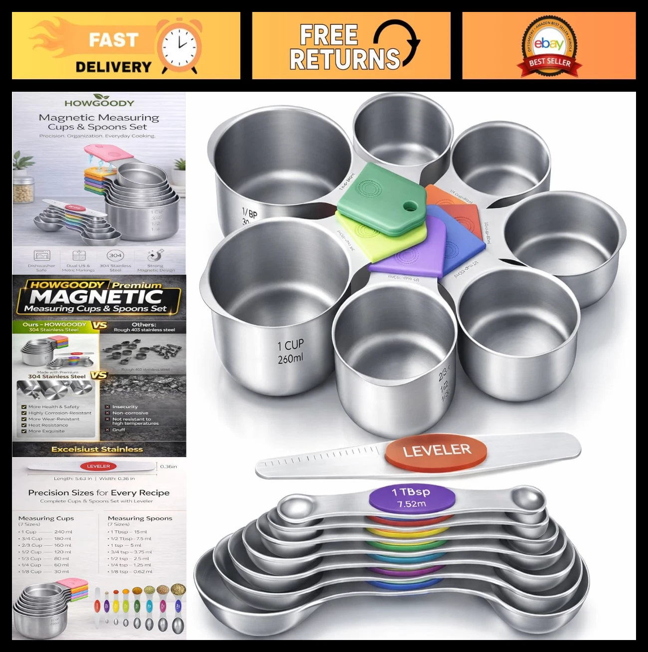 Magnetic Measuring Cups & Spoons Set - 15pc Stainless Steel Dual Scale, Nesting