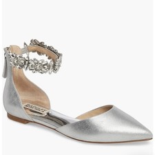 Badgley Mischka Morgen Silver Crystal Ankle Strap Pointed Toe Flats Size 8.5