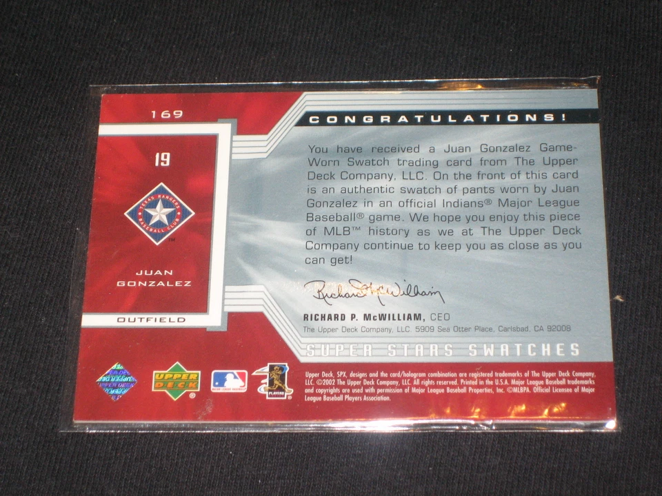 JUAN GONZALEZ RANGERS CERTIFIED AUTHENTIC BASEBALL GAME USED JERSEY CARD /800 - Image 2 of 2