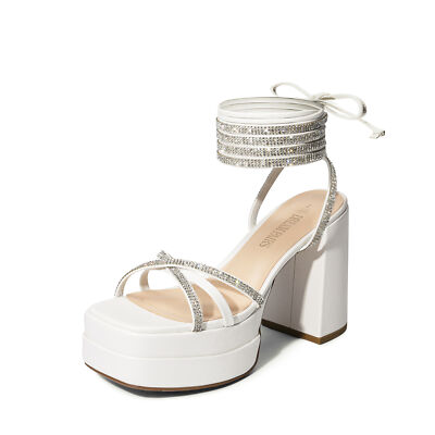 Women's Lace Up Chunky Platform Heel Sandals with Rhinestone
