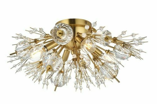 CRYSTAL GLASS FLUSH MOUNT GOLD SPUTNIK MODERN LIVING ROOM BEDROOM 4 LIGHT 19"