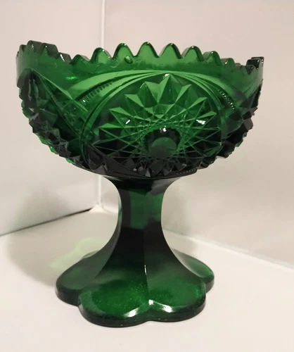 Vintage Kemble Wheaton MCM Heavy Green Depression Glass Pedestal Compote HTF