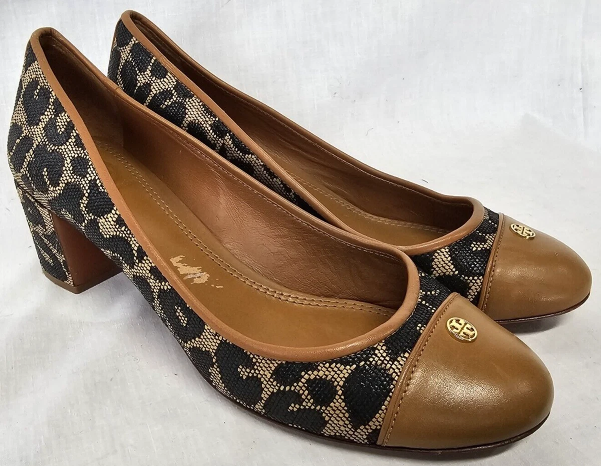 Tory Burch Womens Ethel Leopard Print Pump Natural Tan Black Size 7M Raffia